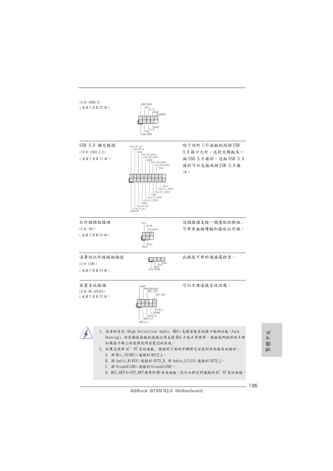 ASRock B75M R2.0 manual 195, USB 3.0 擴充接頭 