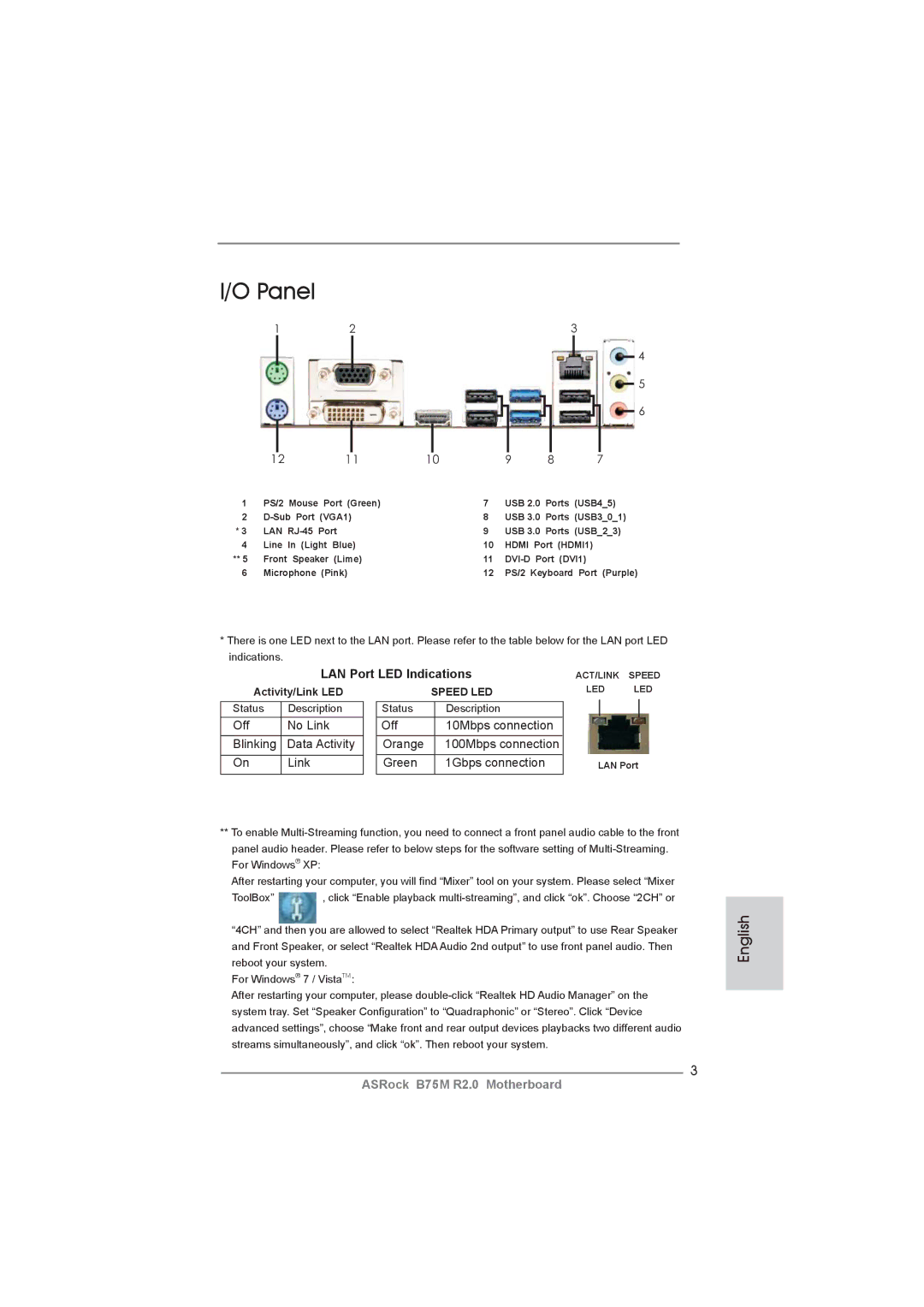 ASRock B75M R2.0 manual LAN Port LED Indications, Activity/Link LED 