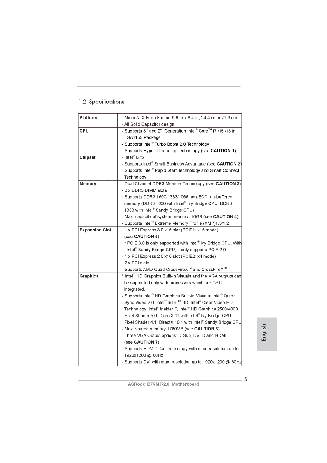 ASRock B75M R2.0 manual Specifications 