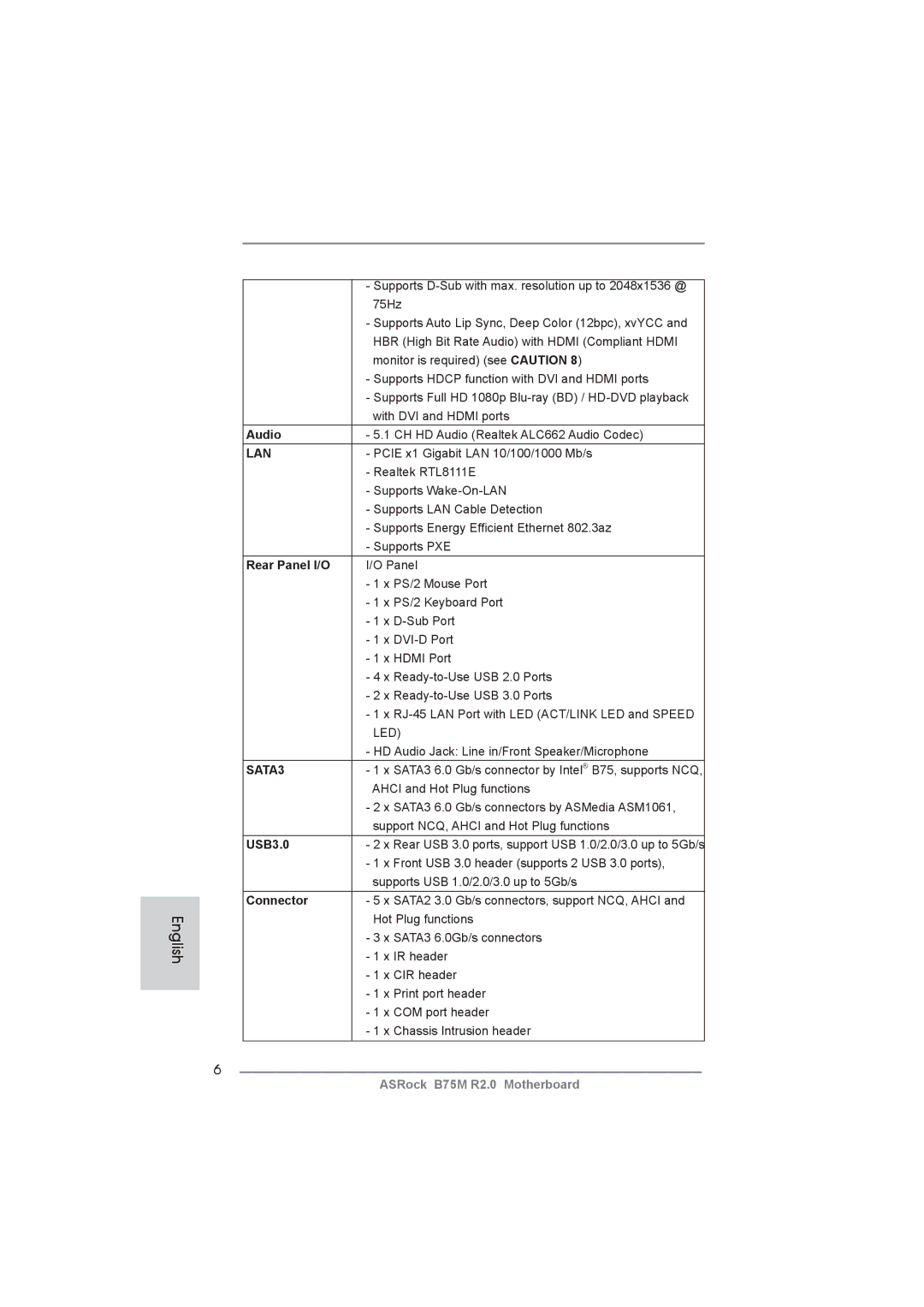 ASRock B75M R2.0 manual Audio, Rear Panel I/O, USB3.0, Connector 