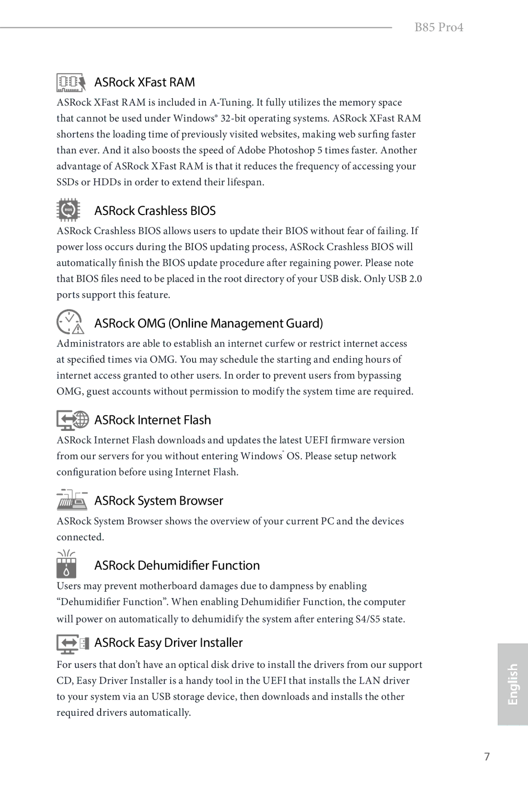 ASRock B85 Pro4 manual ASRock XFast RAM, ASRock Crashless Bios, ASRock OMG Online Management Guard, ASRock Internet Flash 