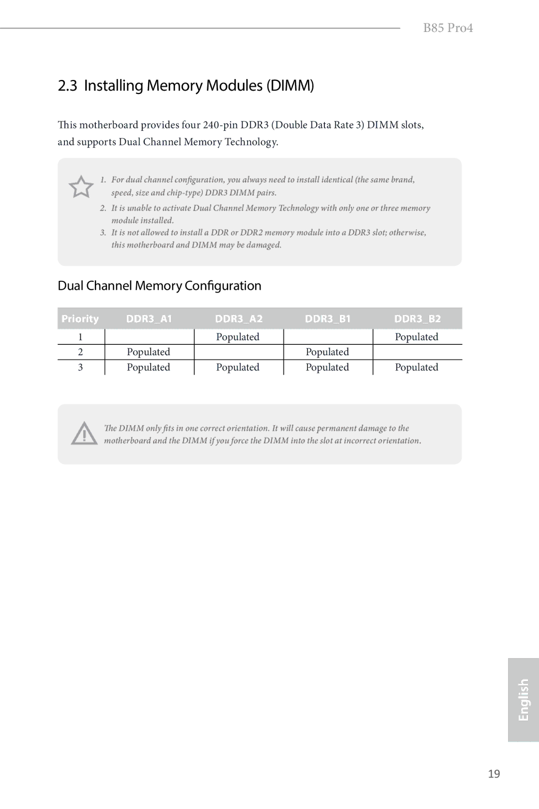 ASRock B85 Pro4 manual Installing Memory Modules Dimm, Dual Channel Memory Configuration 