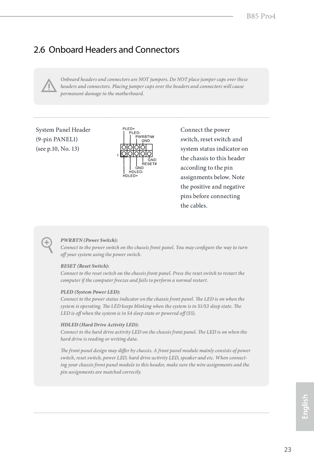 ASRock B85 Pro4 manual Onboard Headers and Connectors, Pwrbtn Power Switch 