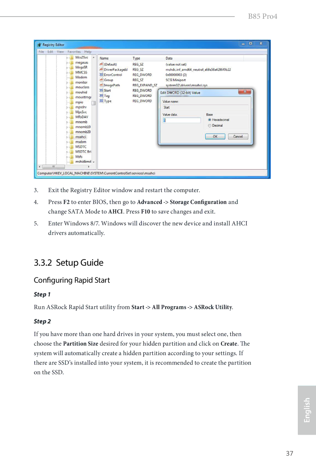 ASRock B85 Pro4 manual Setup Guide, Configuring Rapid Start 