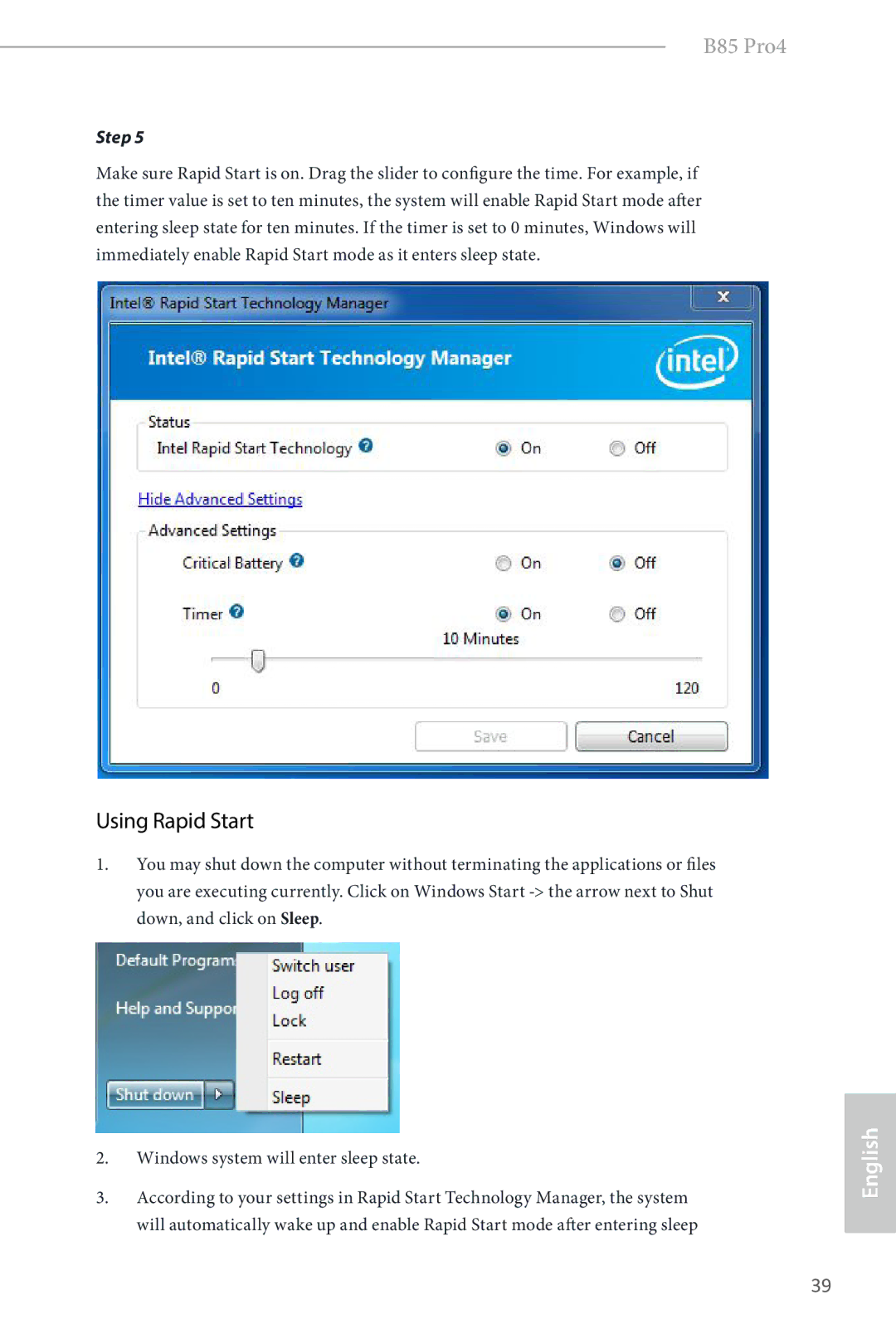 ASRock B85 Pro4 manual Using Rapid Start 