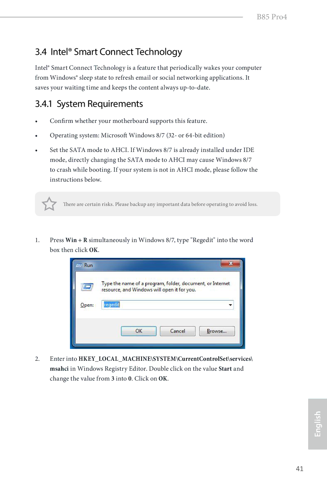 ASRock B85 Pro4 manual Intel Smart Connect Technology, System Requirements 