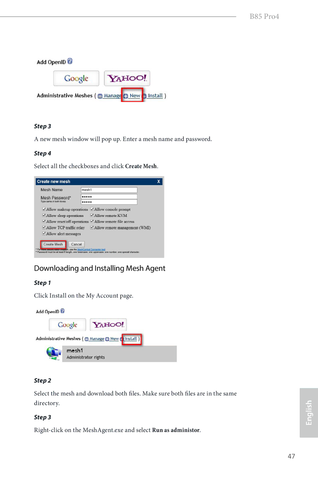 ASRock B85 Pro4 manual Downloading and Installing Mesh Agent 