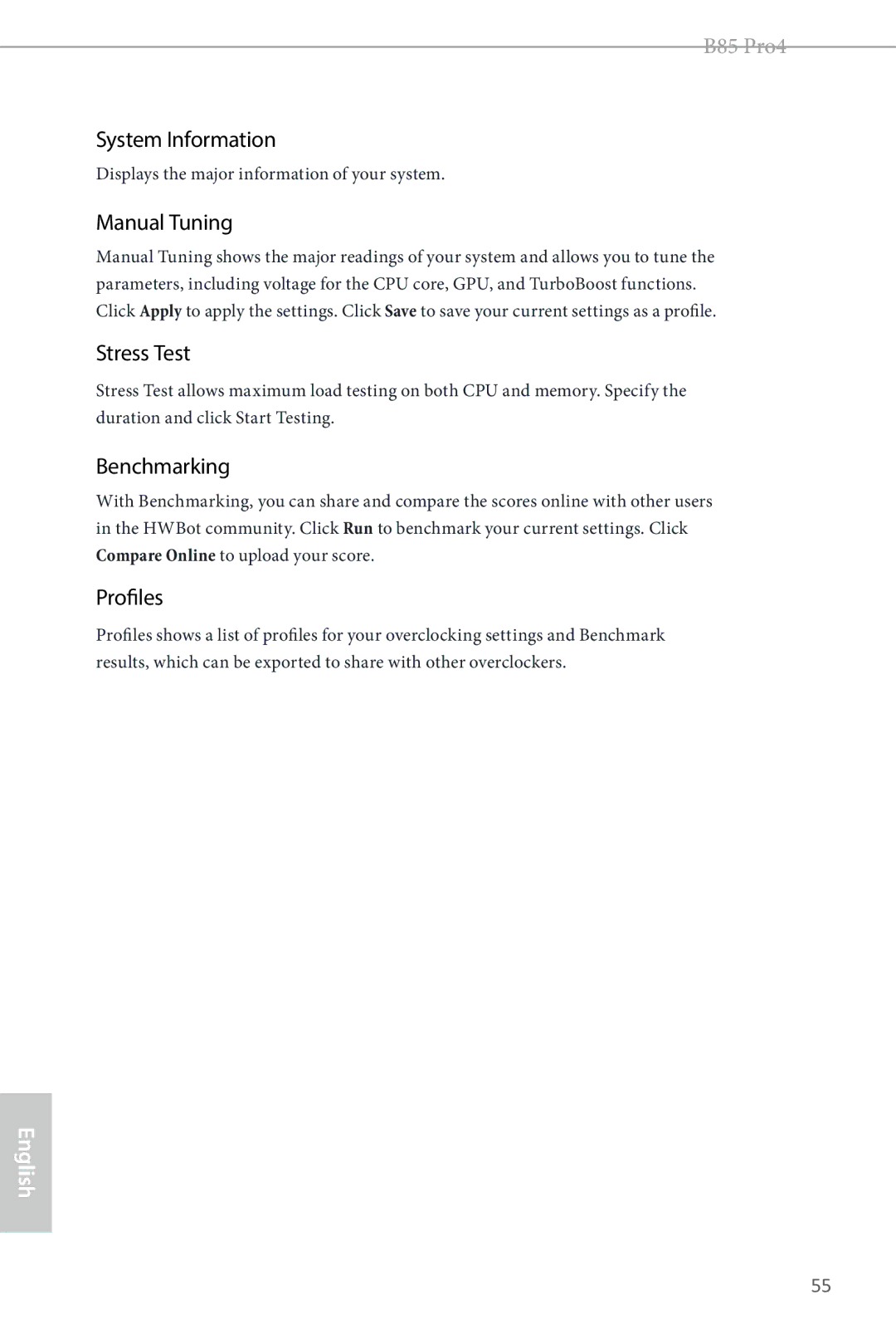 ASRock B85 Pro4 manual System Information, Manual Tuning, Stress Test, Benchmarking, Profiles 