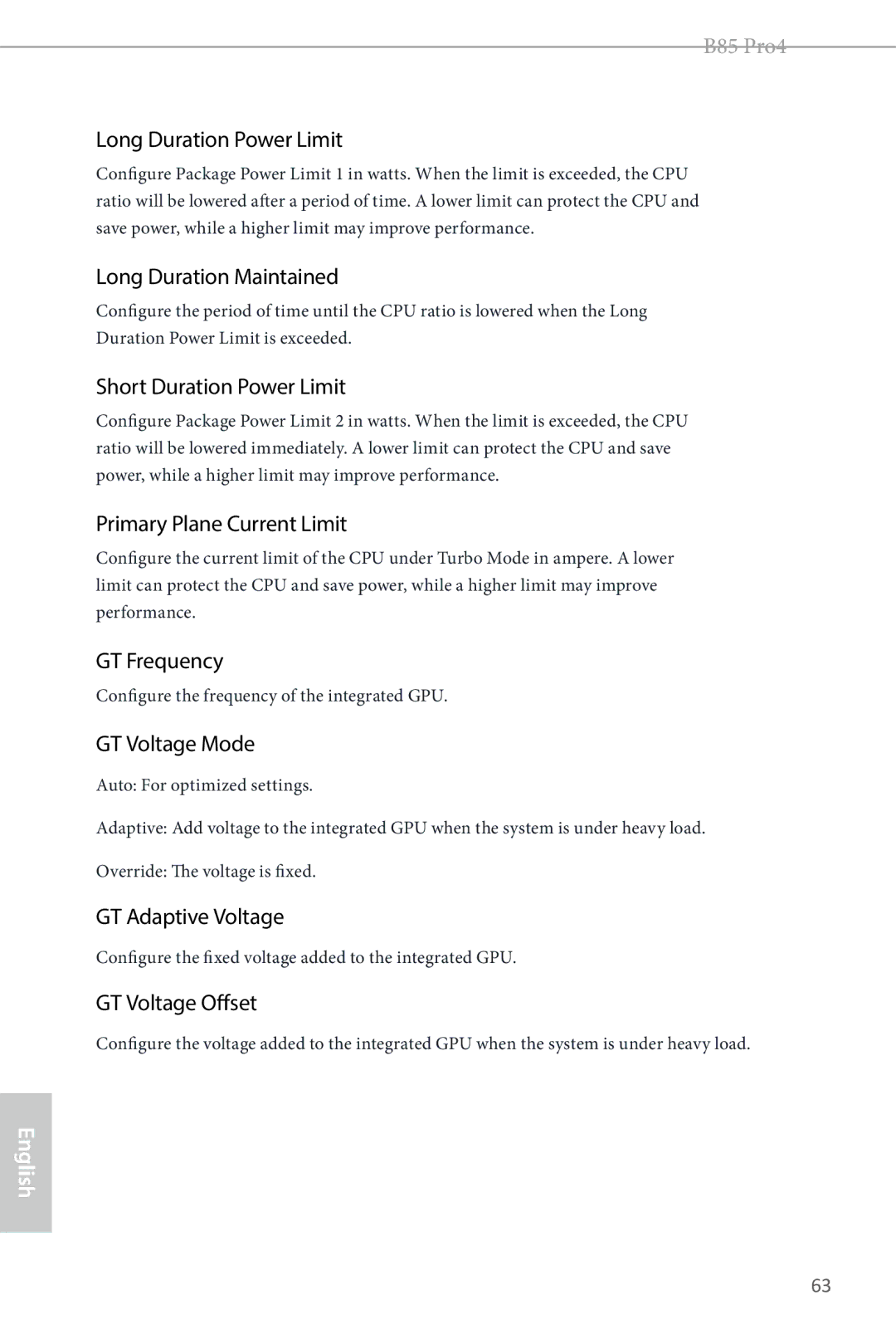 ASRock B85 Pro4 manual Long Duration Power Limit, Long Duration Maintained, Short Duration Power Limit, GT Frequency 