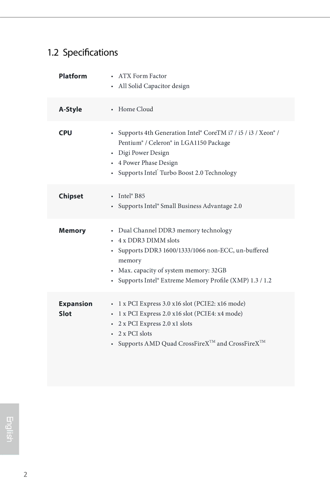 ASRock B85 Pro4 manual Specifications, Cpu 