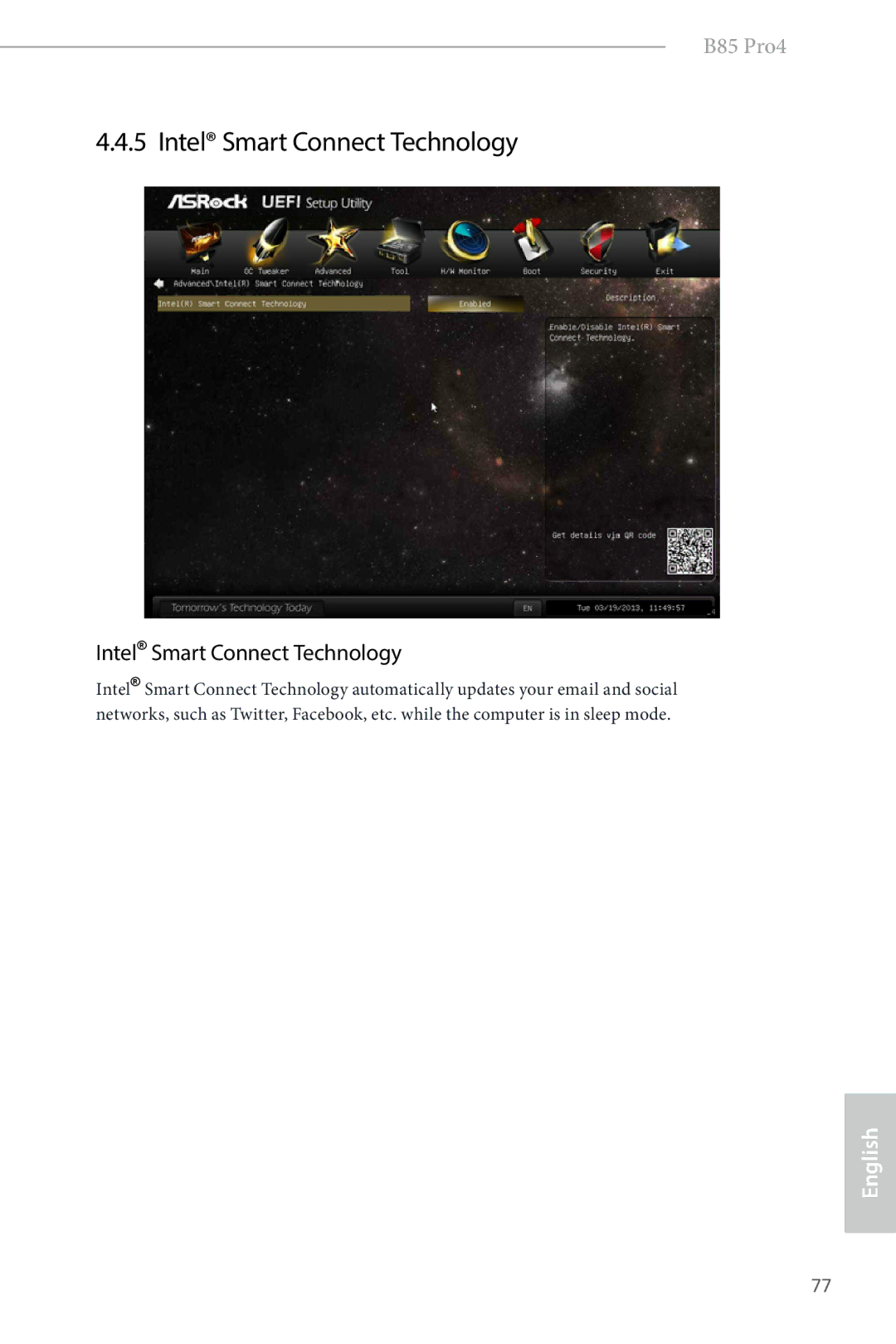 ASRock B85 Pro4 manual Intel Smart Connect Technology 