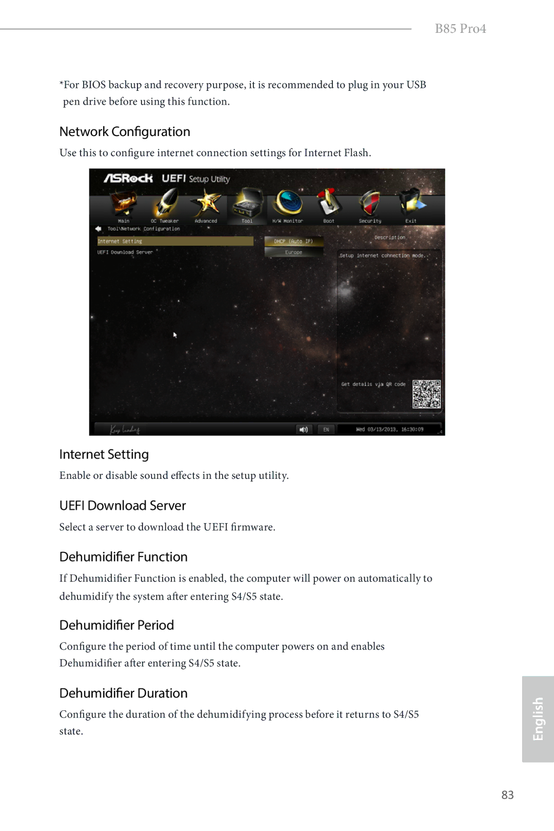 ASRock B85 Pro4 Network Configuration, Internet Setting, Uefi Download Server, Dehumidifier Function, Dehumidifier Period 