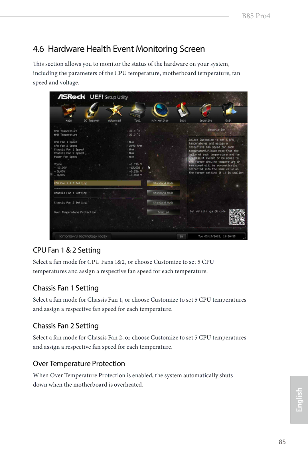 ASRock B85 Pro4 manual Hardware Health Event Monitoring Screen, CPU Fan 1 & 2 Setting, Chassis Fan 1 Setting 