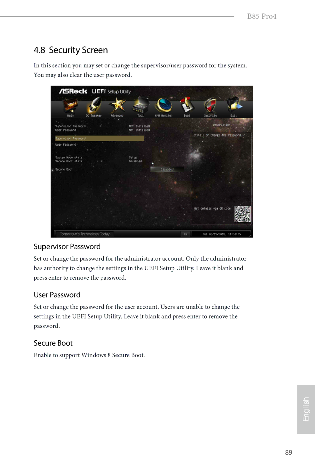 ASRock B85 Pro4 manual Security Screen, Supervisor Password, User Password, Secure Boot 