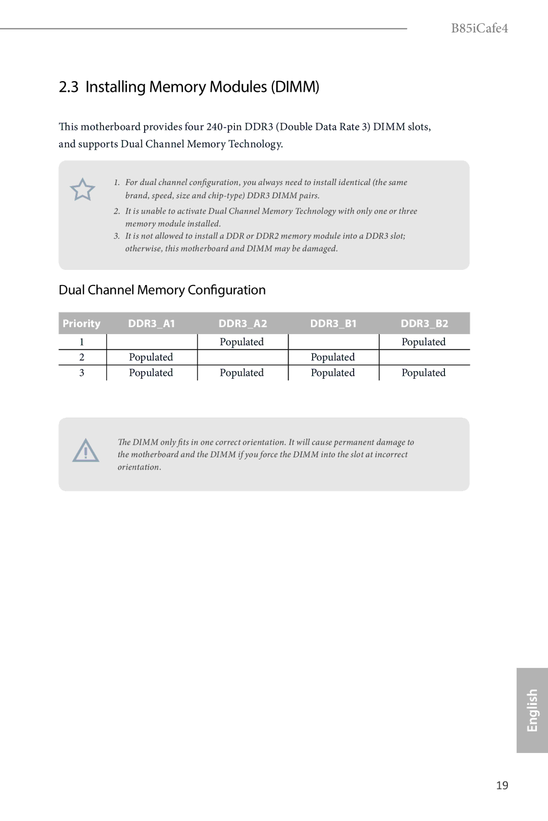 ASRock B85iCafe4 manual Installing Memory Modules Dimm, Dual Channel Memory Configuration 