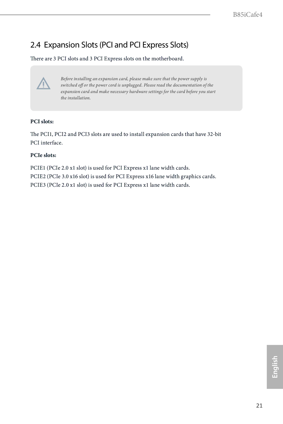 ASRock B85iCafe4 manual Expansion Slots PCI and PCI Express Slots, PCI slots 