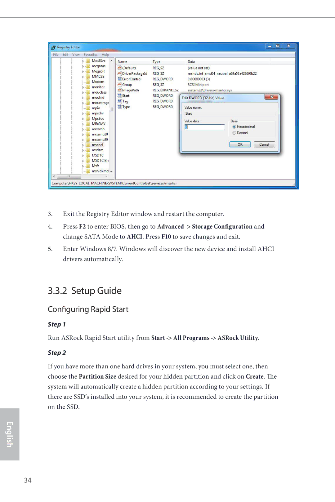 ASRock B85iCafe4 manual Setup Guide, Configuring Rapid Start 