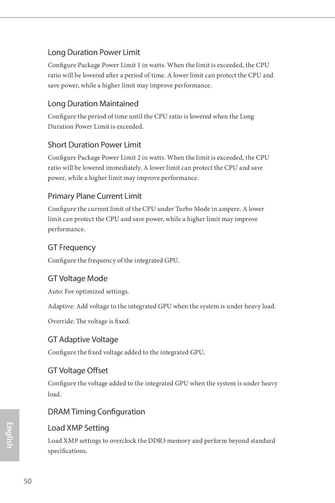 ASRock B85iCafe4 manual Long Duration Power Limit, Long Duration Maintained, Short Duration Power Limit, GT Frequency 