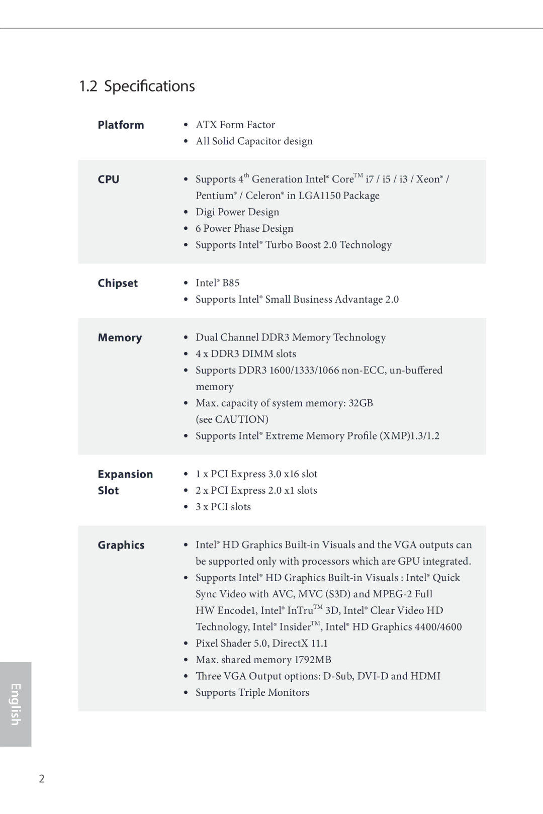 ASRock B85iCafe4 manual Specifications, Cpu 