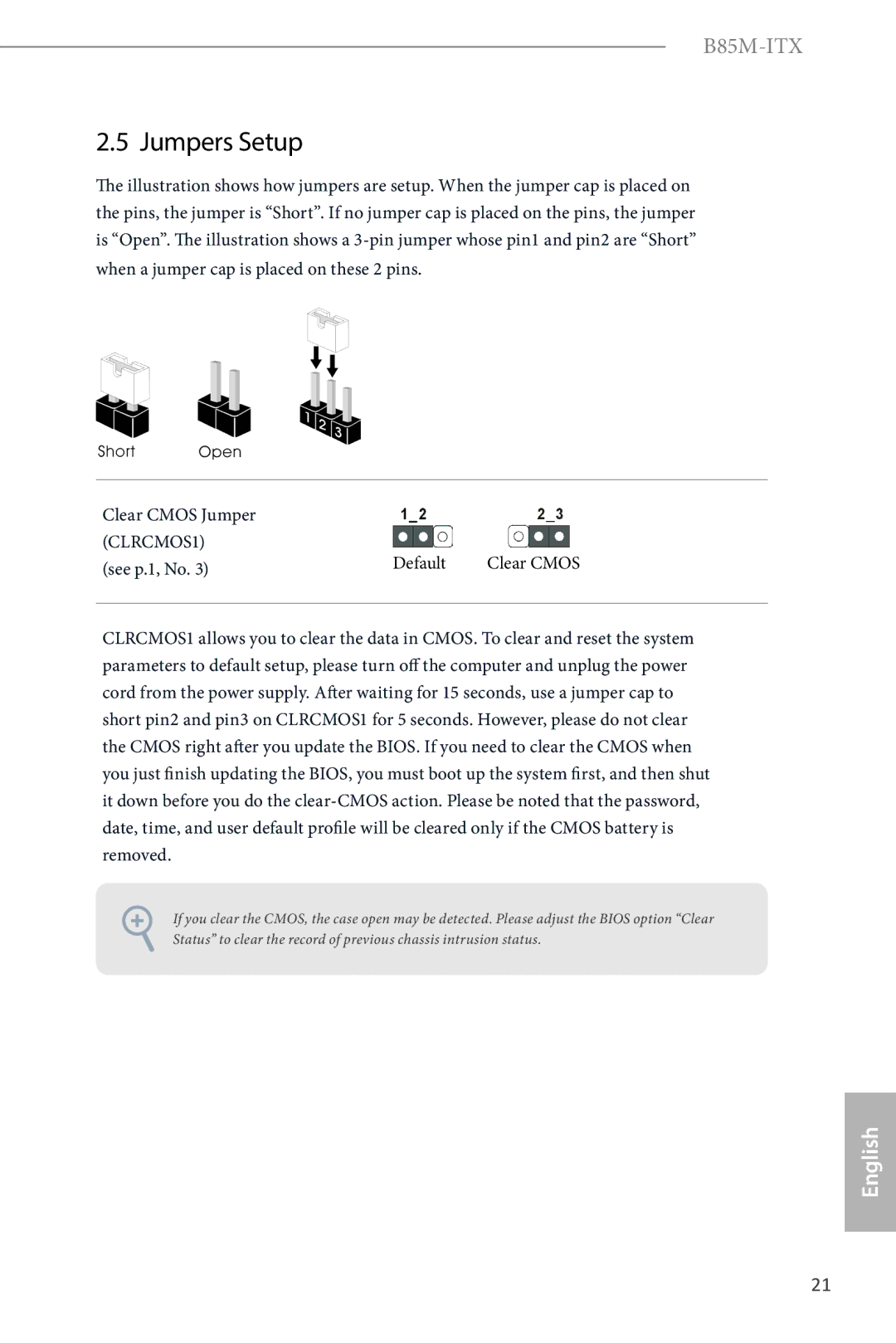 ASRock B85M-ITX manual Jumpers Setup, Default, See p.1, No 