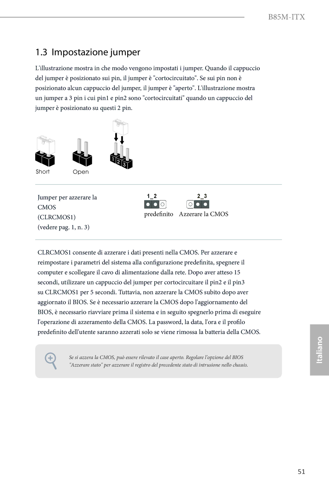 ASRock B85M-ITX manual Impostazione jumper, Vedere pag , n 