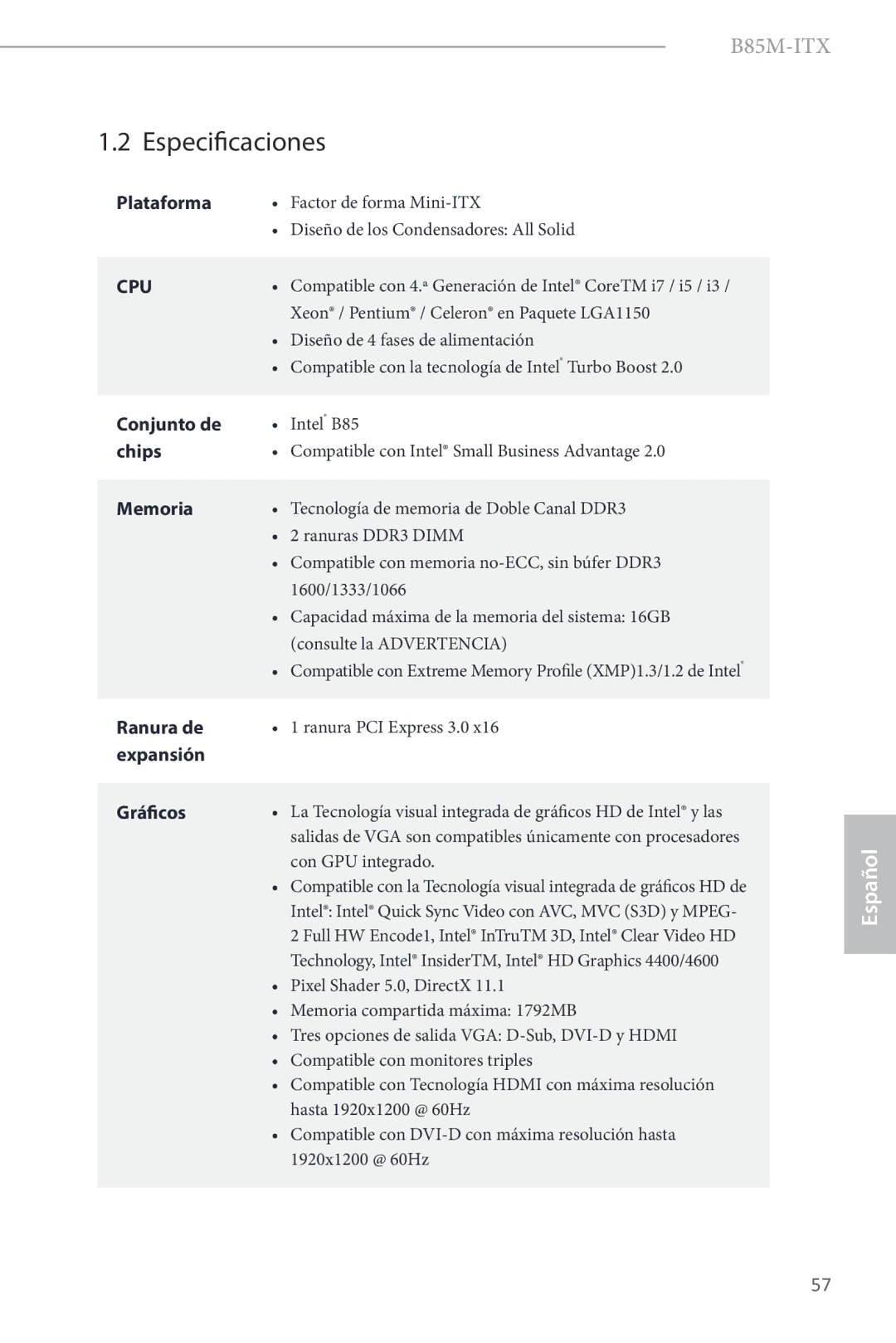 ASRock B85M-ITX manual Especificaciones 