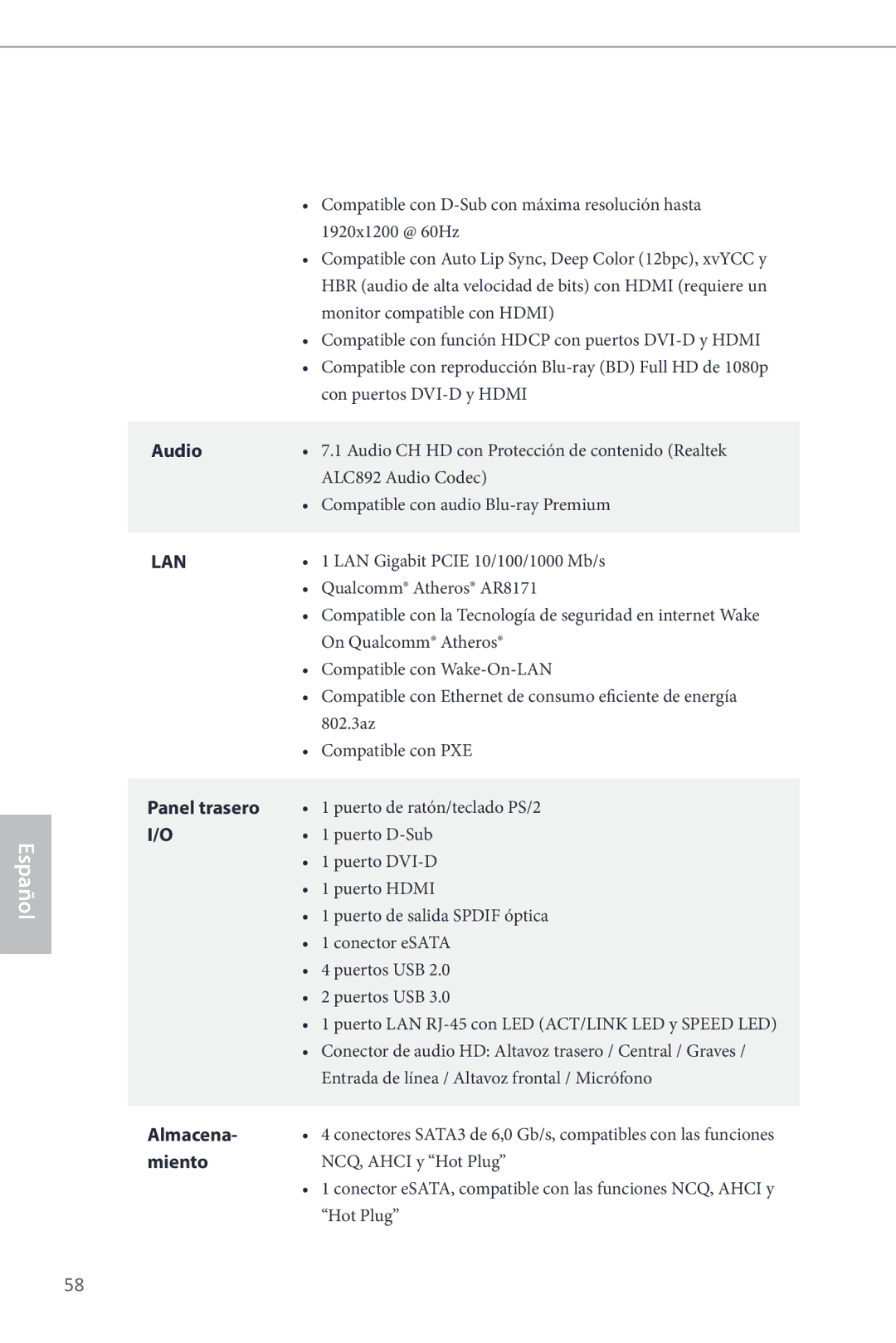 ASRock B85M-ITX manual Panel trasero, Almacena, Miento 