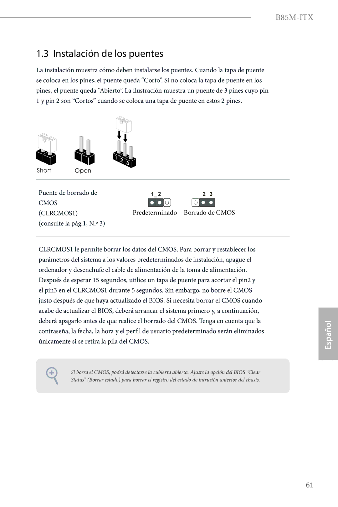 ASRock B85M-ITX Instalación de los puentes, Puente de borrado de, Predeterminado Borrado de Cmos, Consulte la pág.1, N.º 
