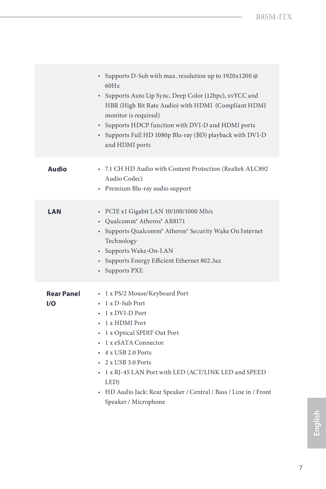 ASRock B85M-ITX manual Audio, Rear Panel 