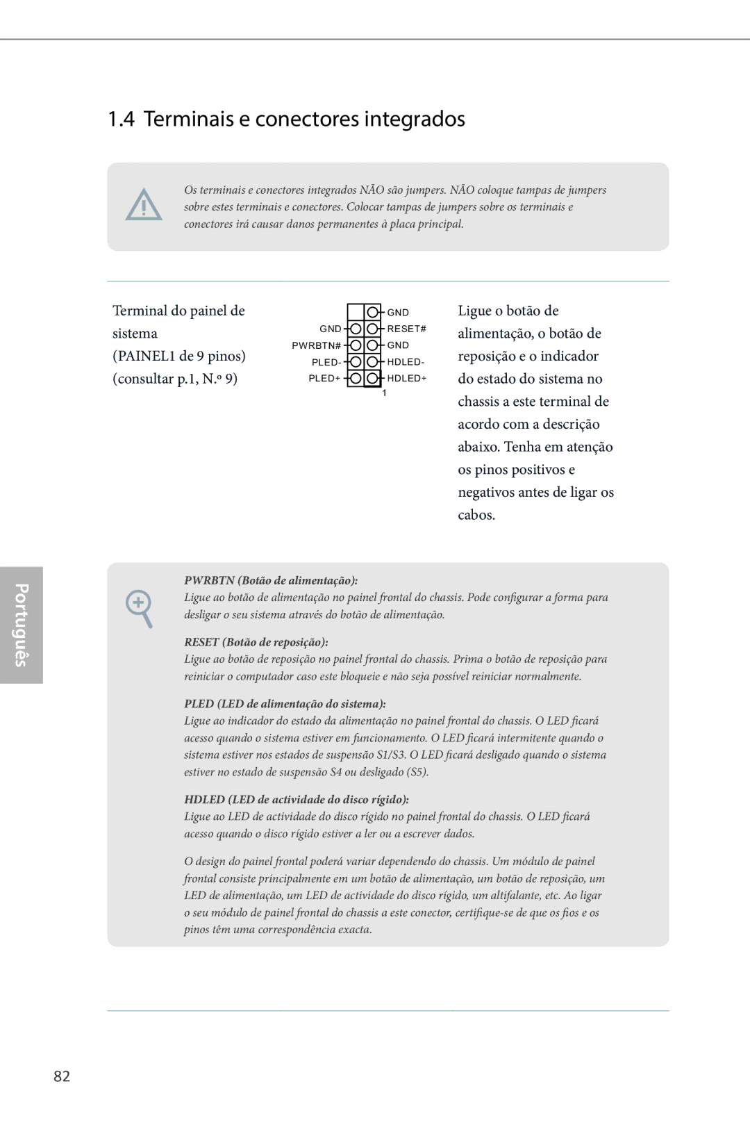 ASRock B85M-ITX manual Terminais e conectores integrados, Pwrbtn Botão de alimentação 