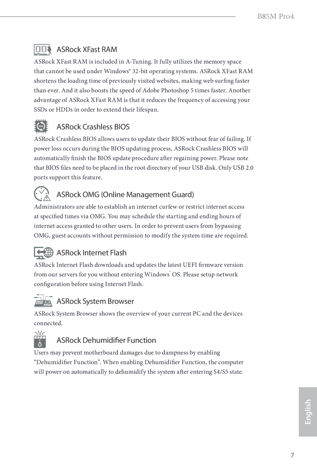 ASRock B85M Pro4 manual ASRock XFast RAM, ASRock Crashless Bios, ASRock OMG Online Management Guard, ASRock Internet Flash 