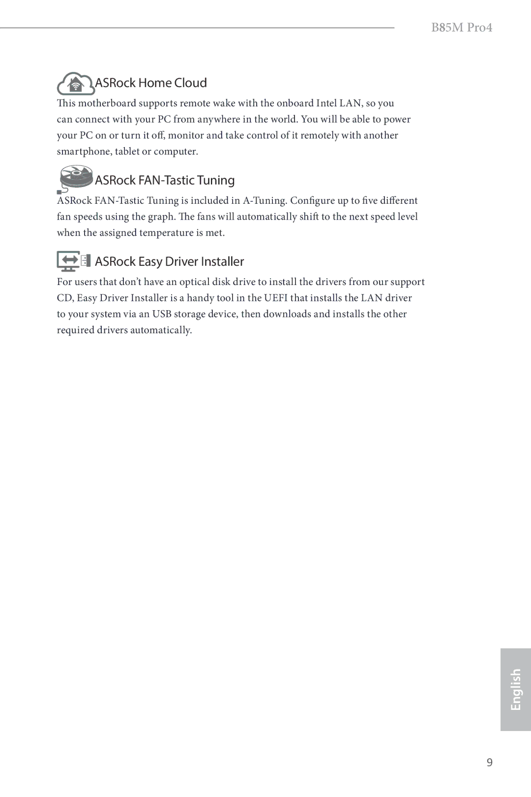 ASRock B85M Pro4 manual ASRock Home Cloud, ASRock FAN-Tastic Tuning, ASRock Easy Driver Installer 