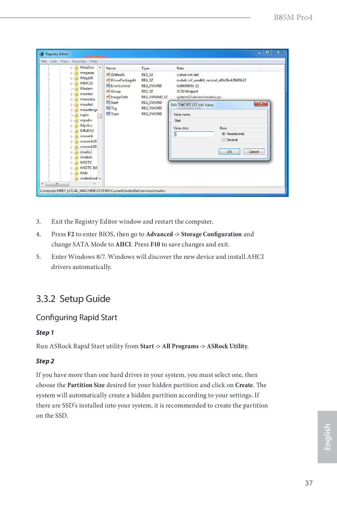 ASRock B85M Pro4 manual Setup Guide, Configuring Rapid Start 