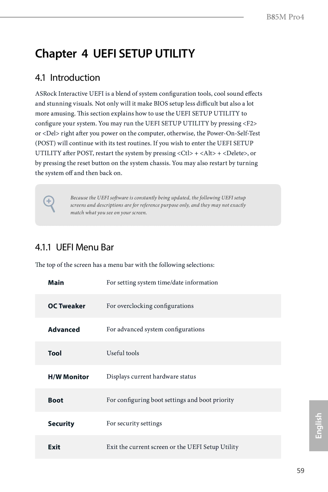 ASRock B85M Pro4 manual Introduction, Uefi Menu Bar 