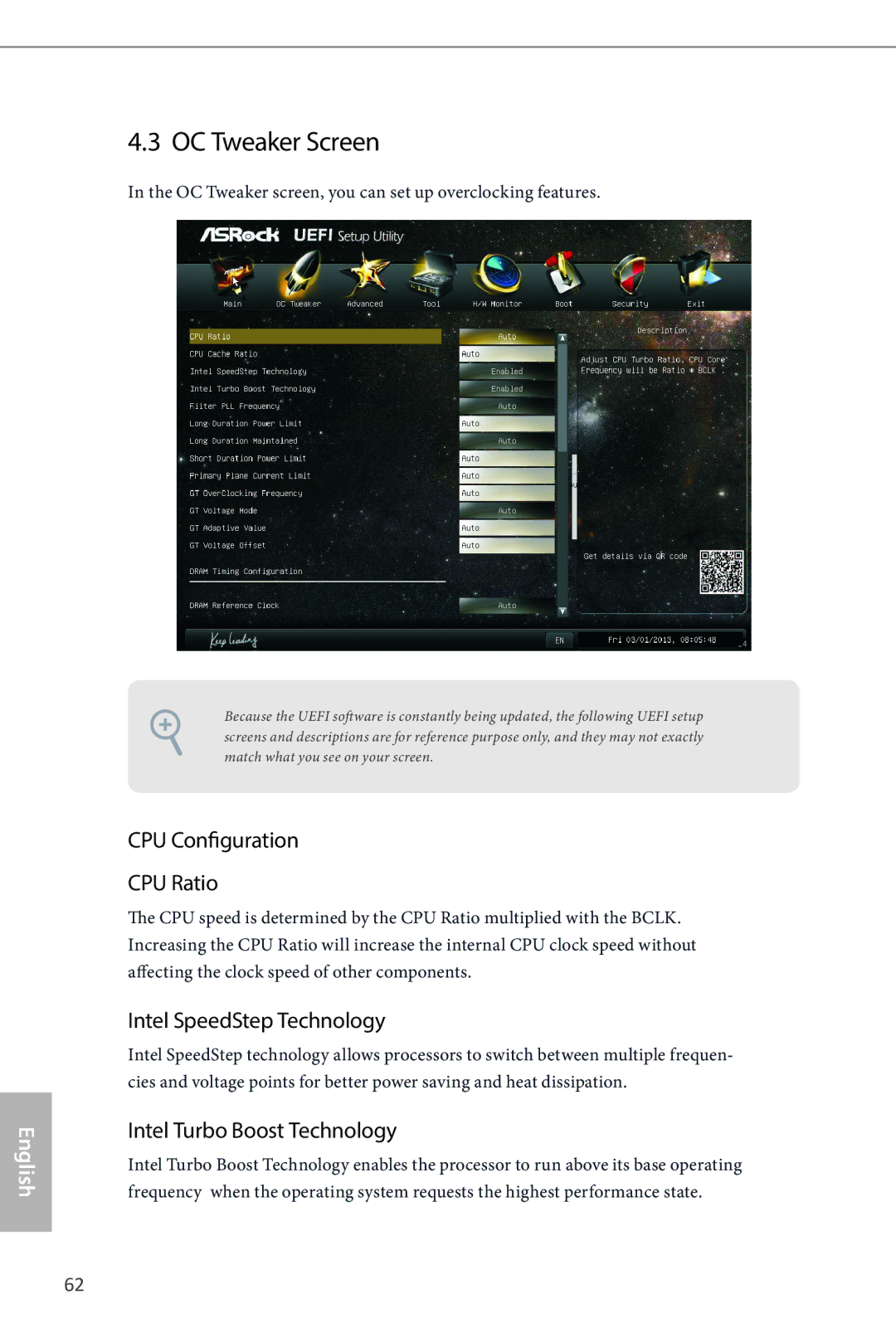 ASRock B85M Pro4 OC Tweaker Screen, CPU Configuration CPU Ratio, Intel SpeedStep Technology, Intel Turbo Boost Technology 