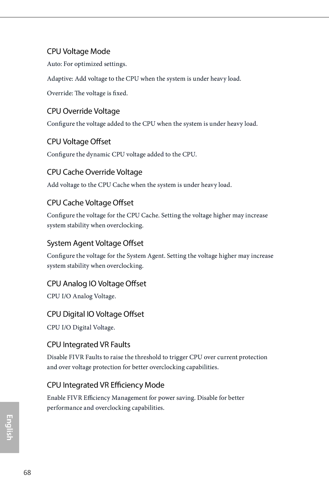 ASRock B85M Pro4 manual CPU Voltage Mode, CPU Override Voltage, CPU Voltage Offset, CPU Cache Override Voltage 