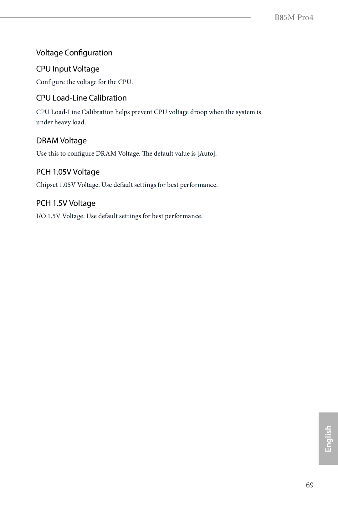 ASRock B85M Pro4 manual Voltage Configuration CPU Input Voltage, CPU Load-Line Calibration, Dram Voltage, PCH 1.05V Voltage 