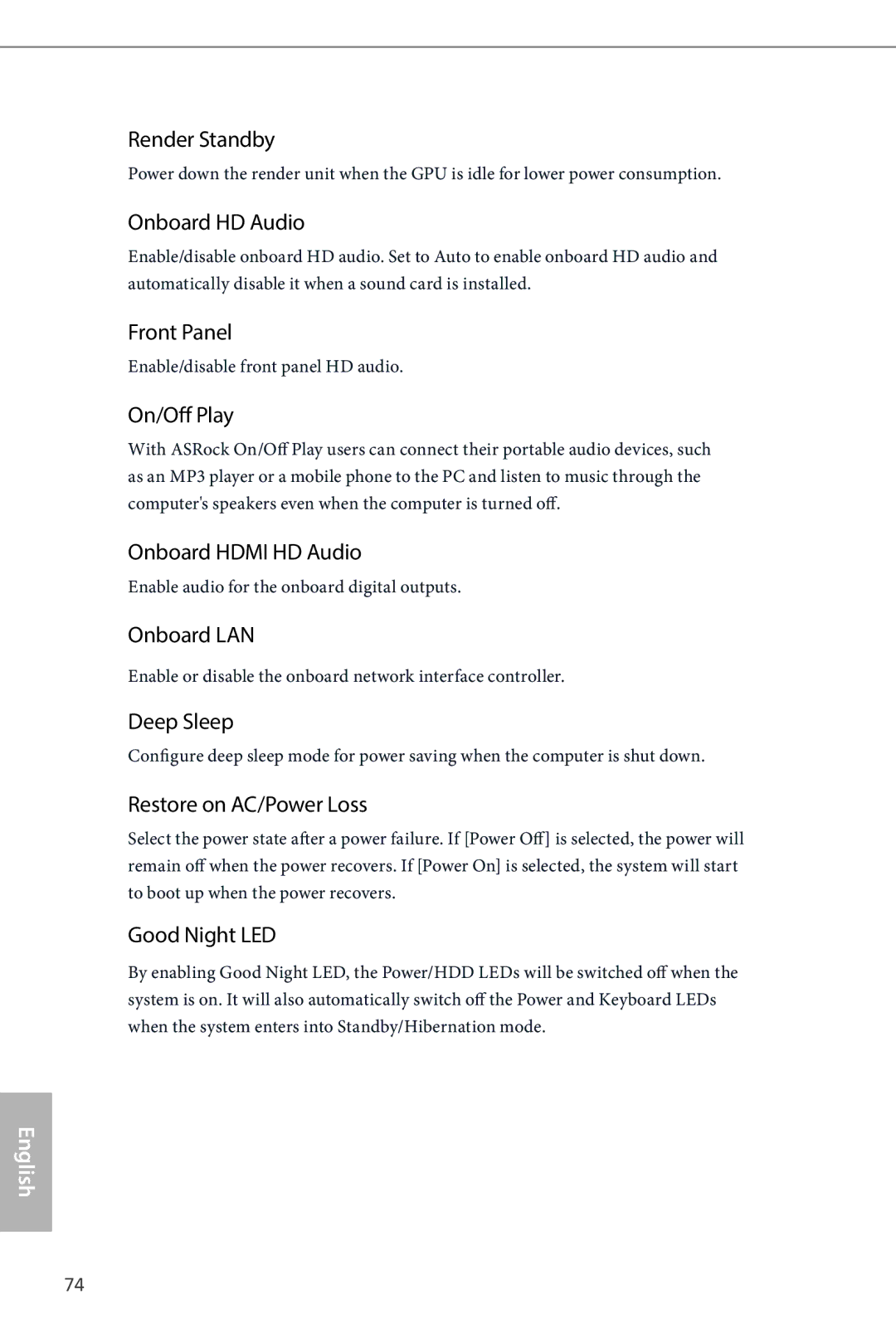 ASRock B85M Pro4 manual Render Standby, Onboard HD Audio, Front Panel, On/Off Play, Onboard Hdmi HD Audio, Onboard LAN 