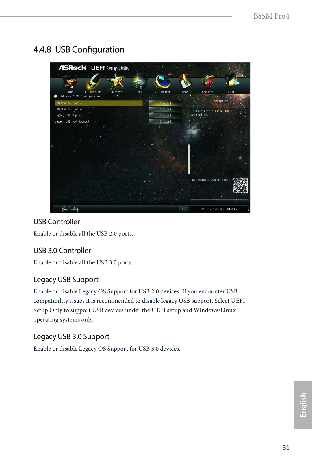 ASRock B85M Pro4 manual USB Configuration, USB Controller, USB 3.0 Controller, Legacy USB Support, Legacy USB 3.0 Support 