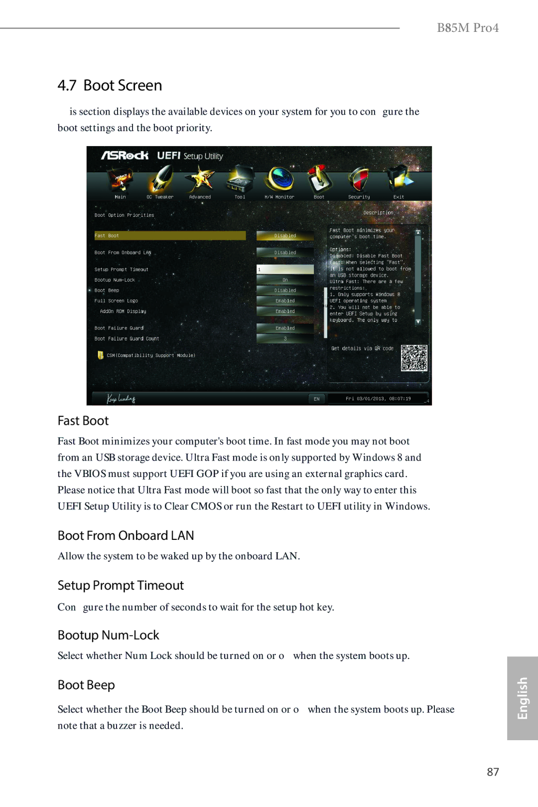 ASRock B85M Pro4 manual Boot Screen, Fast Boot, Boot From Onboard LAN, Setup Prompt Timeout, Bootup Num-Lock 