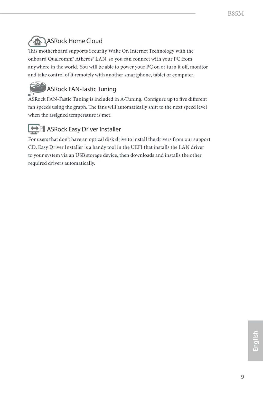 ASRock B85M manual ASRock Home Cloud, ASRock FAN-Tastic Tuning, ASRock Easy Driver Installer 