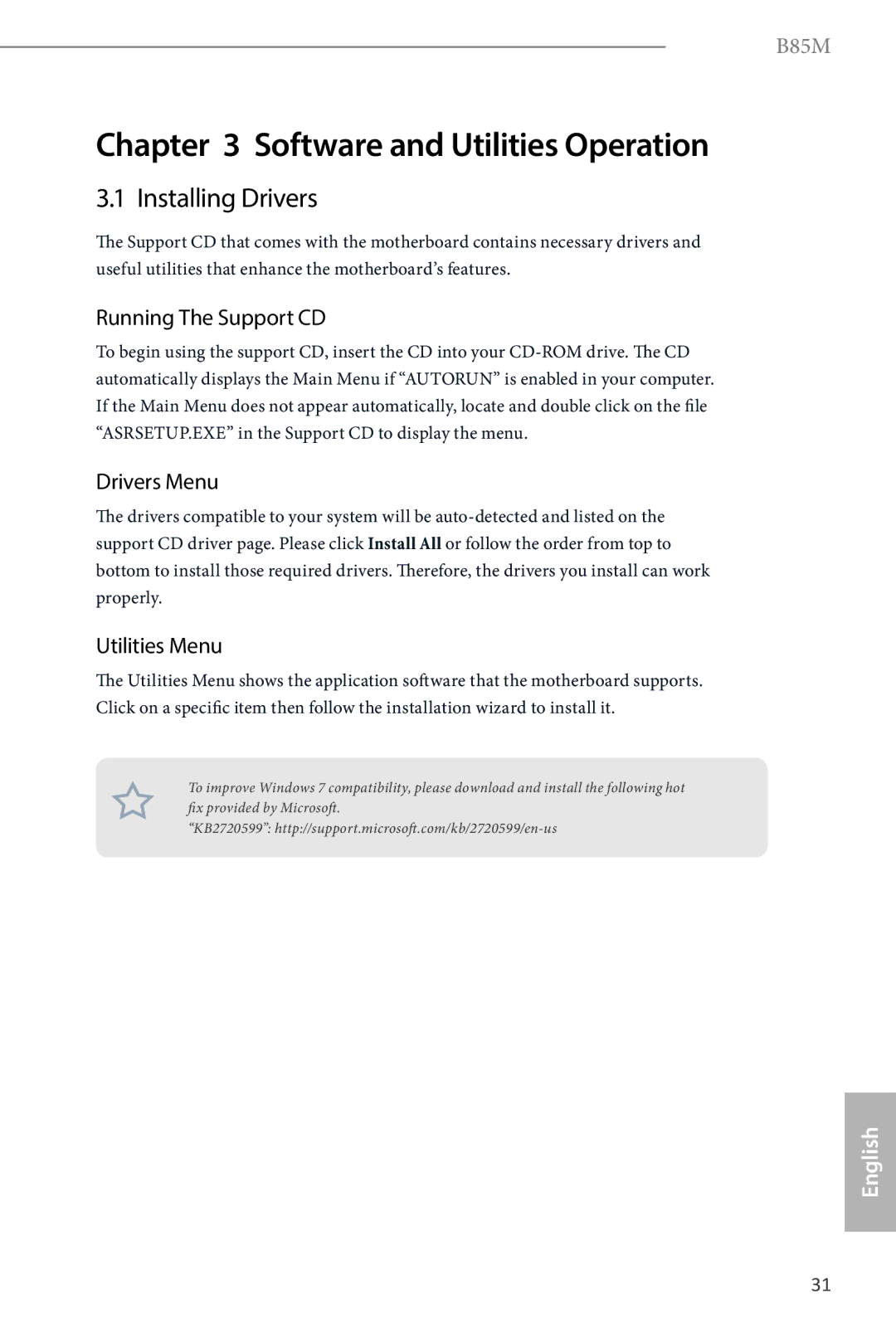 ASRock B85M manual Installing Drivers, Running The Support CD, Drivers Menu, Utilities Menu 