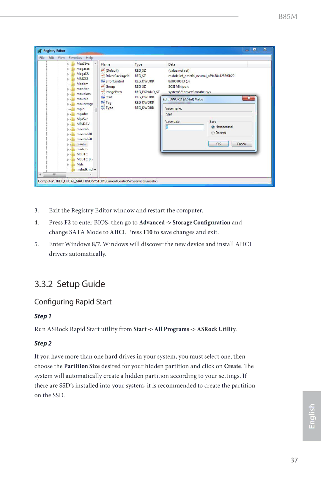 ASRock B85M manual Setup Guide, Configuring Rapid Start 