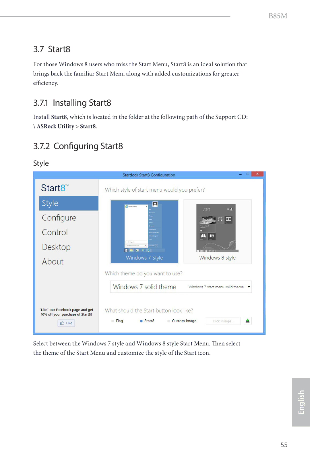 ASRock B85M manual Installing Start8, Configuring Start8, Style 