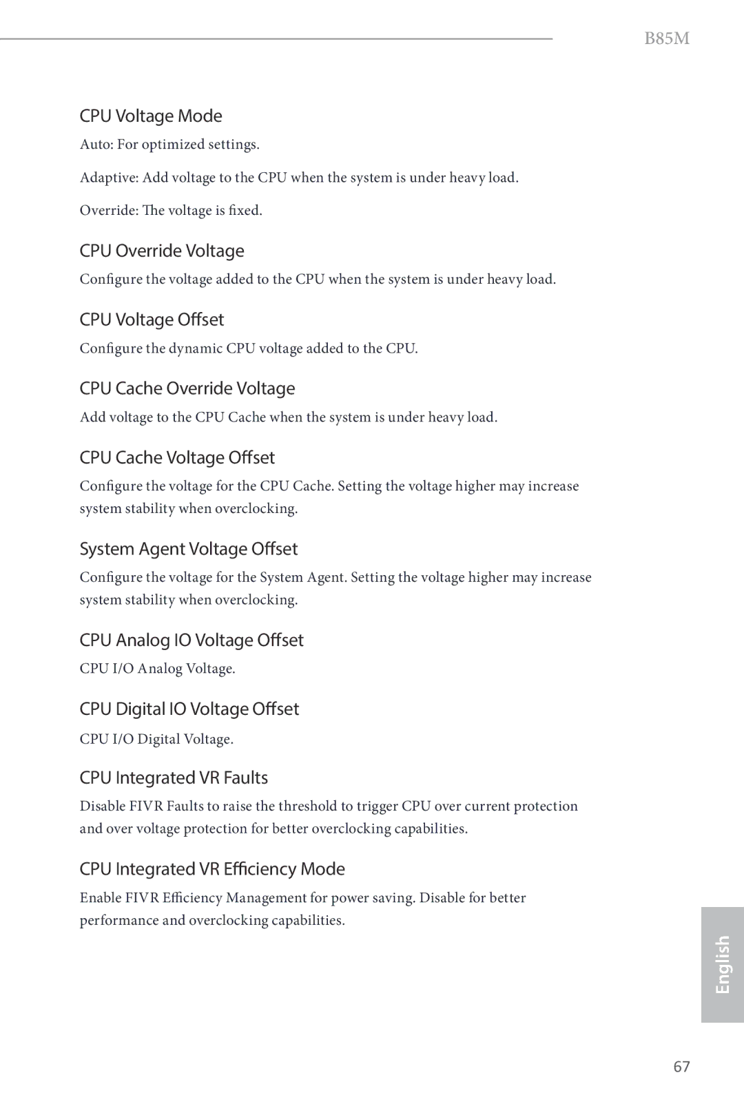ASRock B85M manual CPU Voltage Mode, CPU Override Voltage, CPU Voltage Offset, CPU Cache Override Voltage 