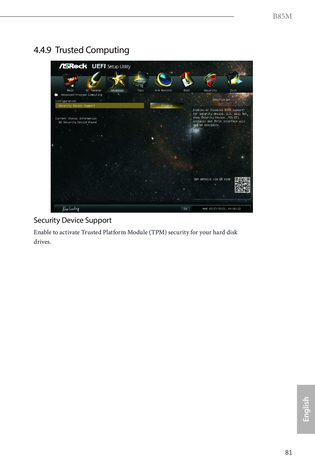 ASRock B85M manual Trusted Computing, Security Device Support 