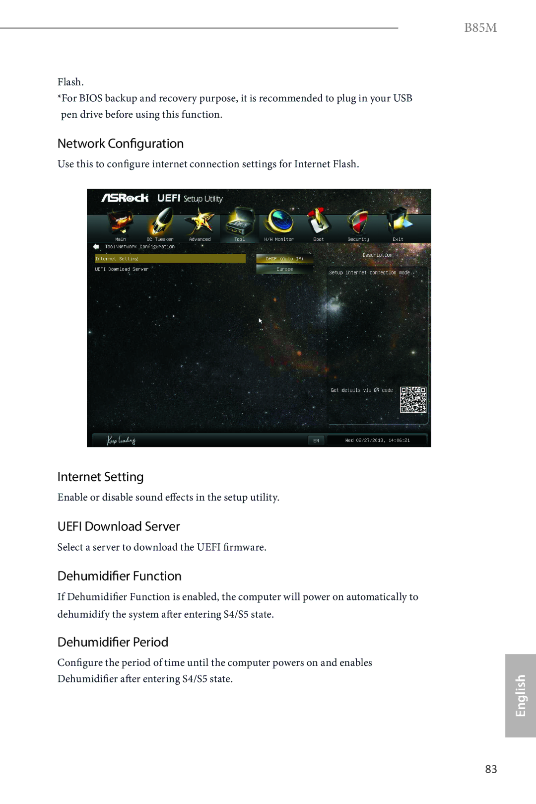 ASRock B85M Network Configuration, Internet Setting, Uefi Download Server, Dehumidifier Function, Dehumidifier Period 