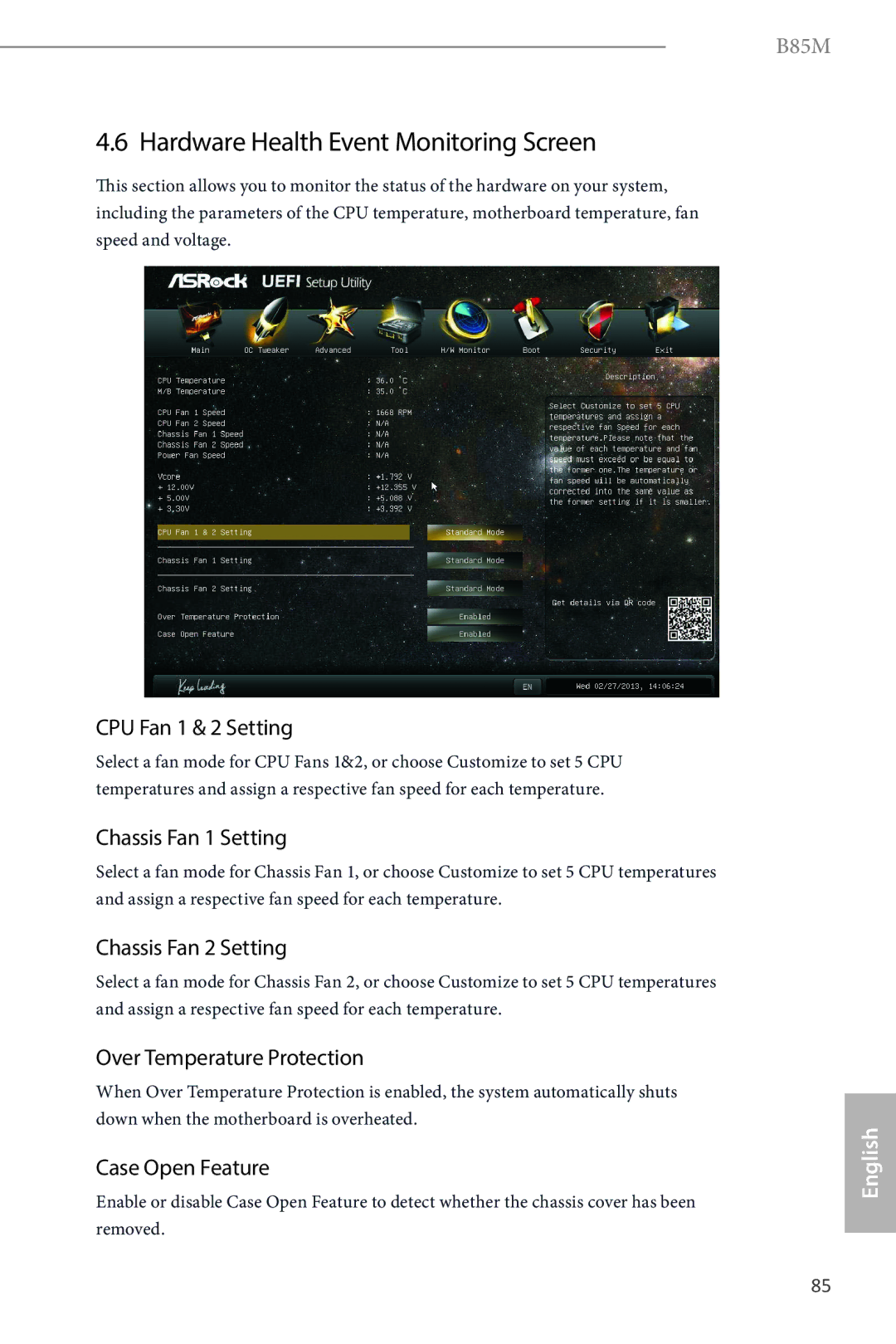 ASRock B85M manual Hardware Health Event Monitoring Screen 