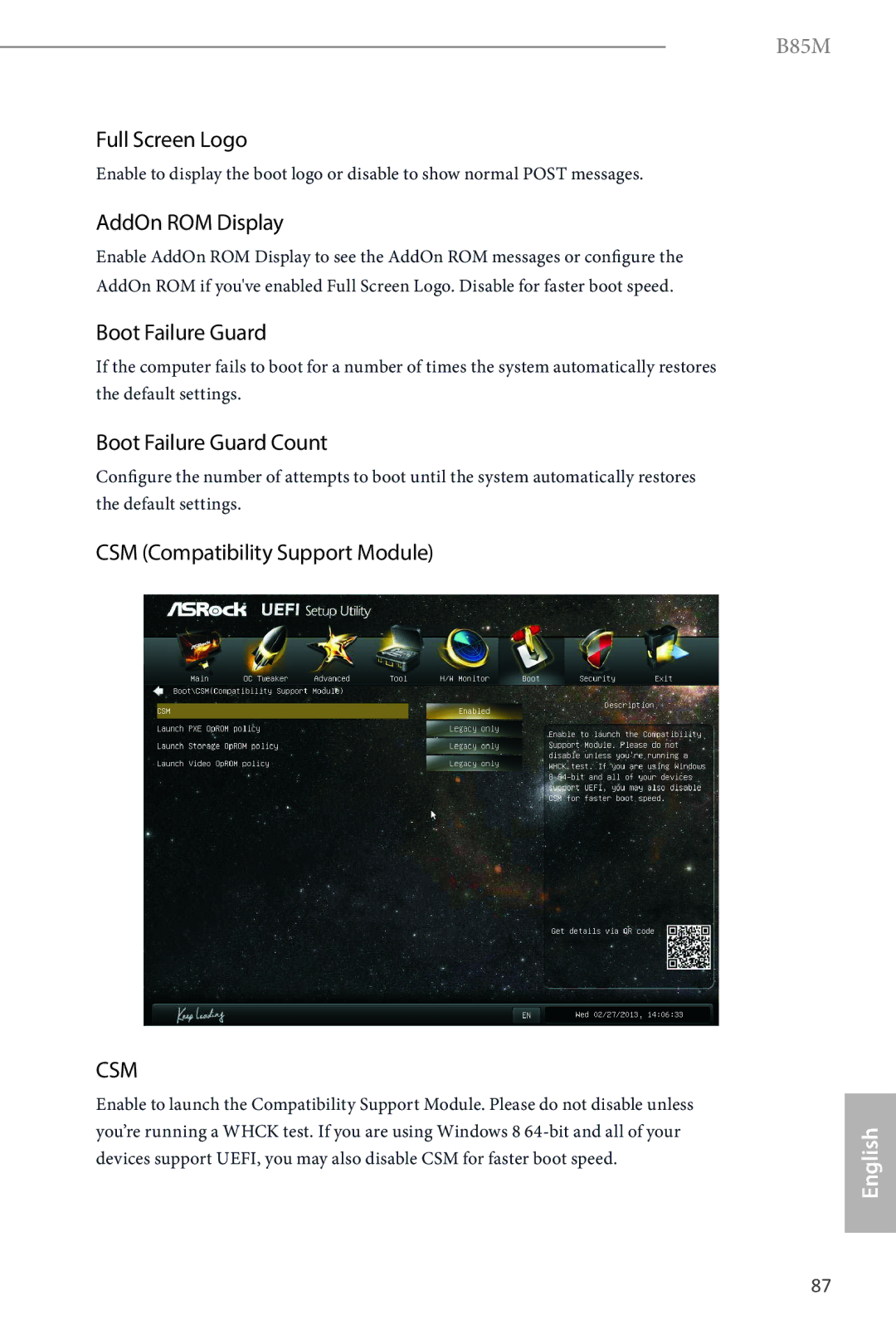 ASRock B85M manual Full Screen Logo, AddOn ROM Display, Boot Failure Guard Count, CSM Compatibility Support Module 