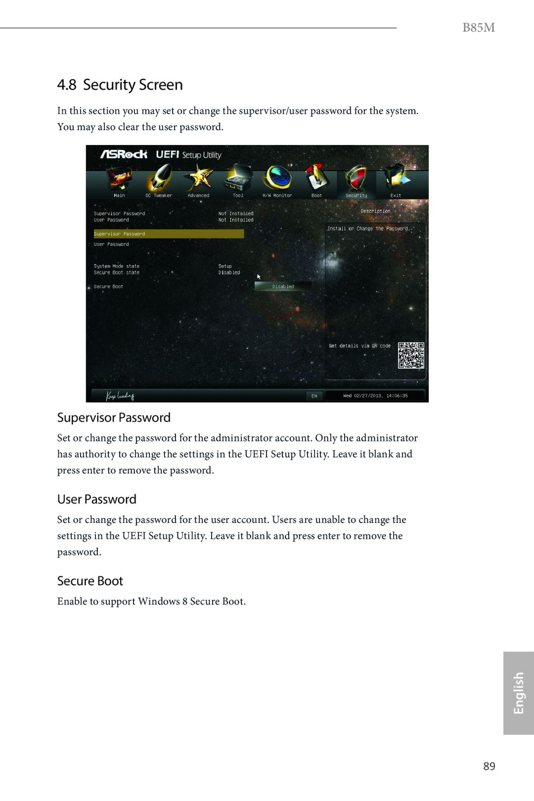 ASRock B85M manual Security Screen, Supervisor Password, User Password, Secure Boot 